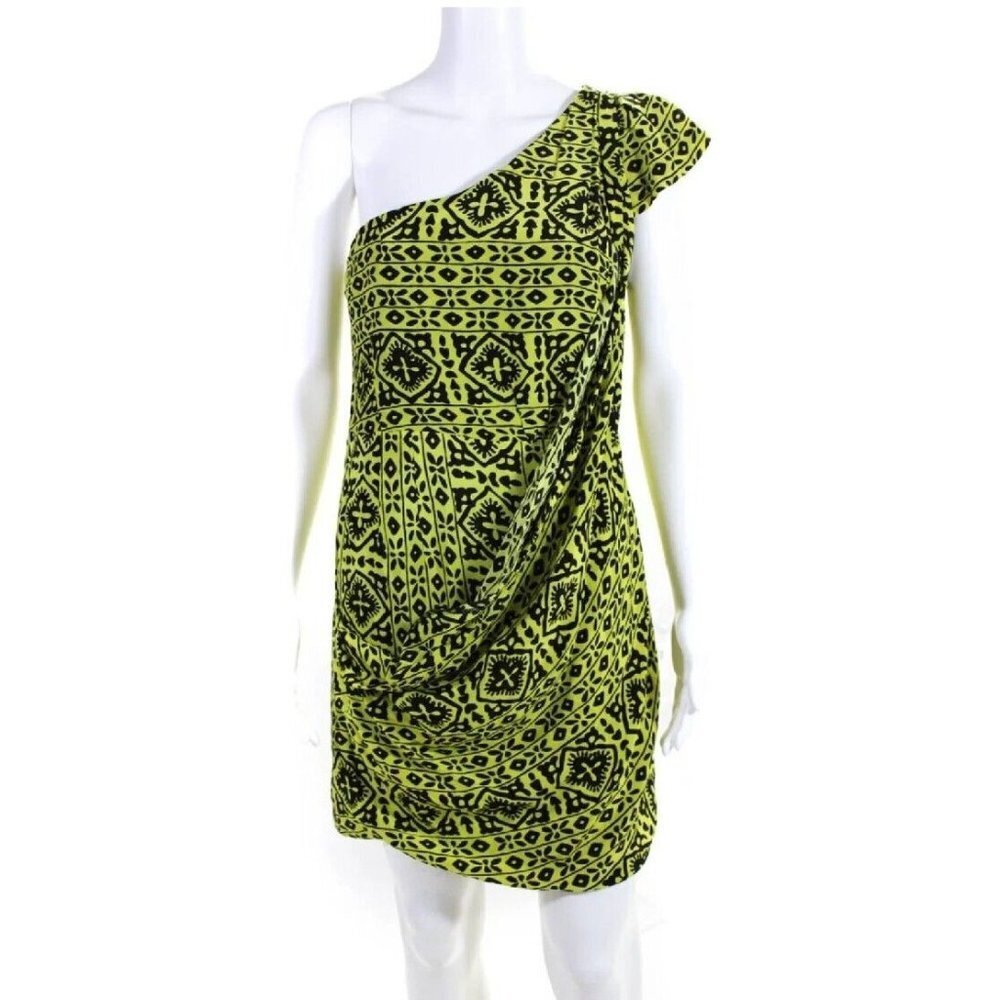 Nanette Lepore One Shoulder  Mini Dress Size 8 Green Black Draped Lined Zipper